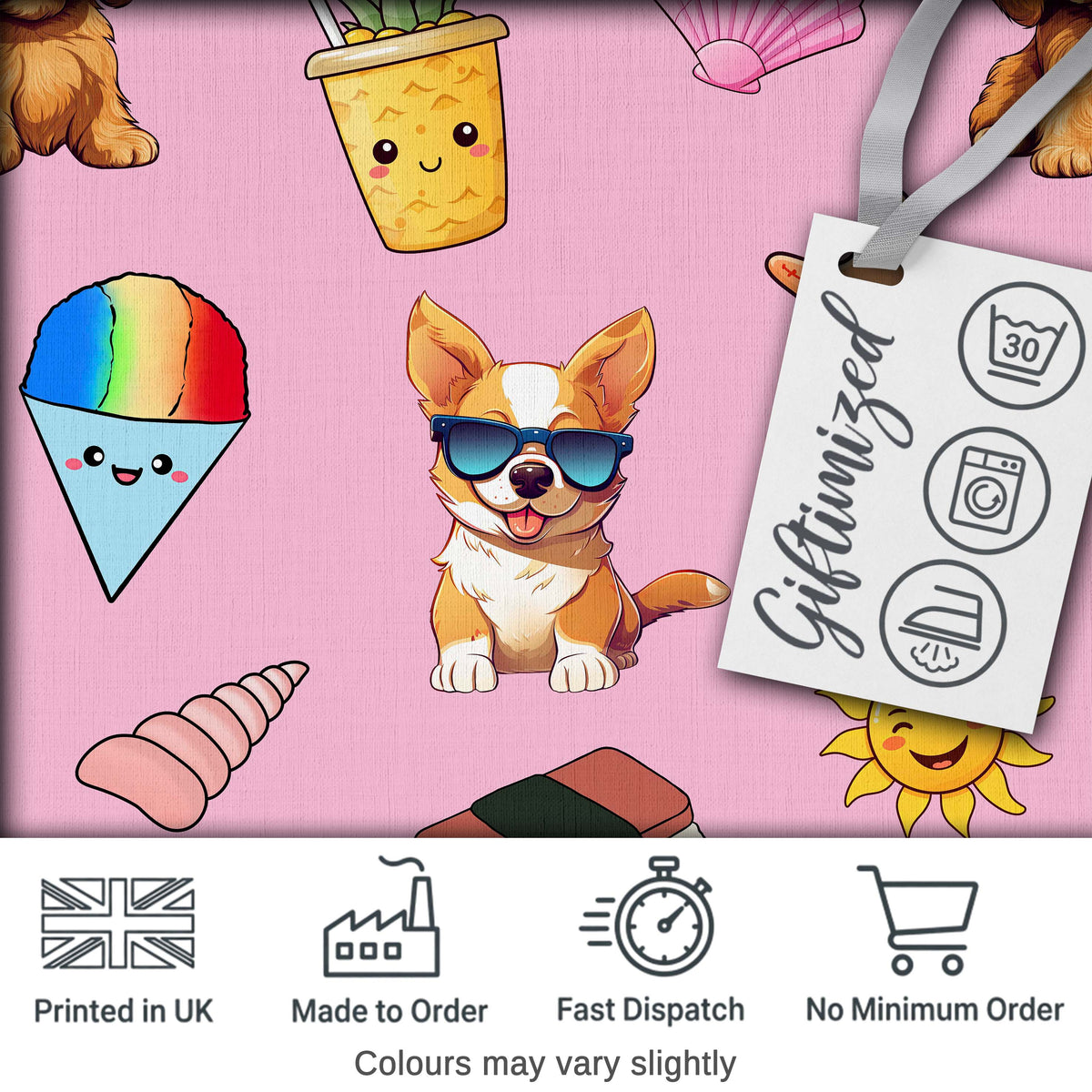 Cute Summer Dog Light Pink Background Ice Cream Starfish Seamless Pattern Digital Print Fabric by the Metre UK Sewing Quilting Textile