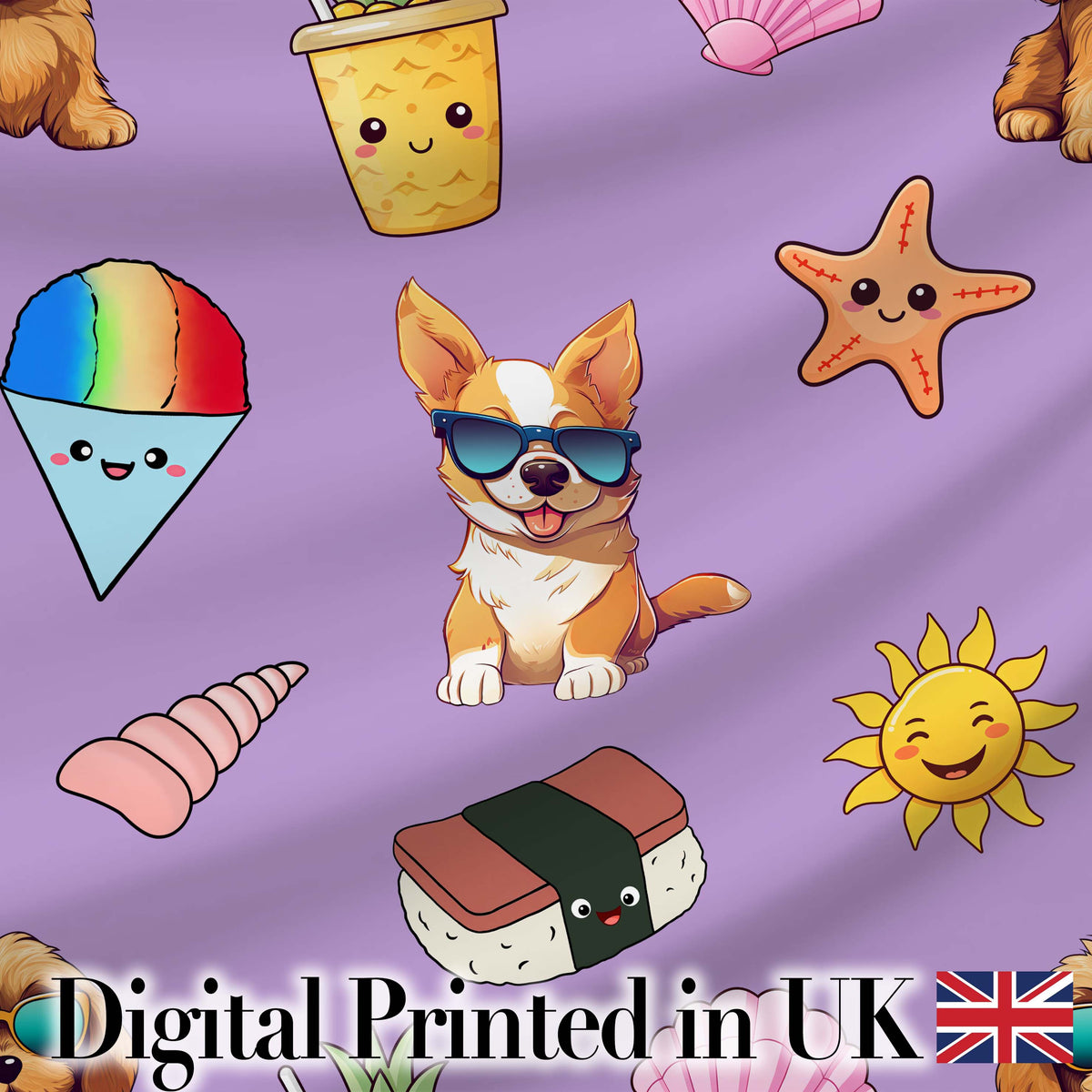 Cute Summer Dog Purple Background Ice Cream Starfish Seamless Pattern Digital Print Fabric by the Metre UK Sewing Quilting Textile