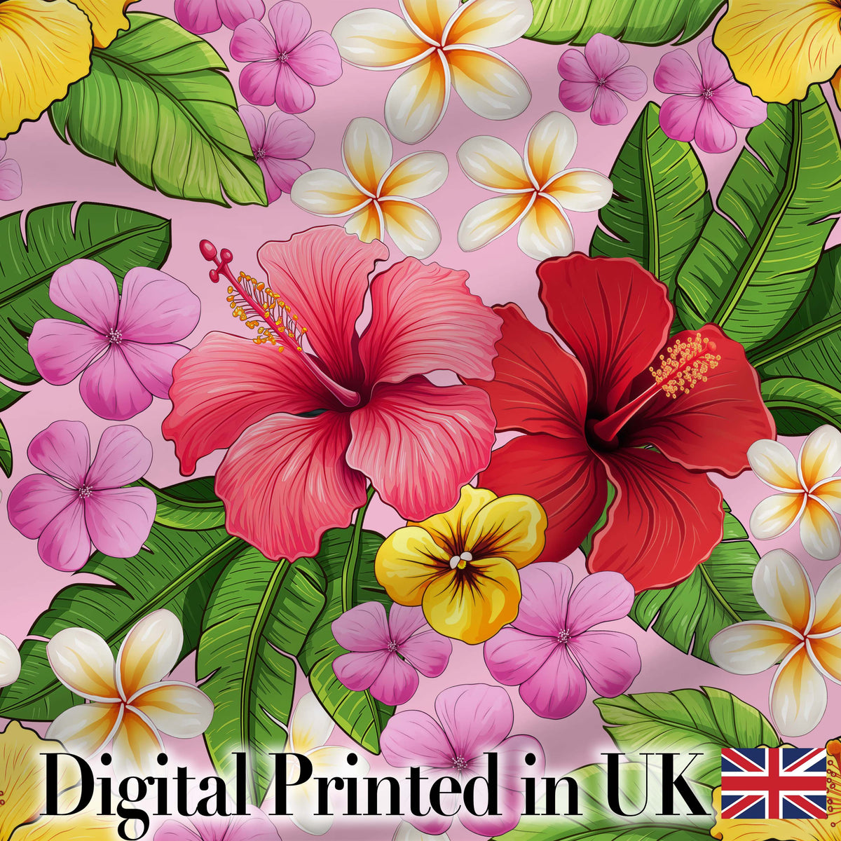 Tropical Hibiscus Flowers Pink Background Plumeria Leaves Seamless Pattern Digital Print Fabric by the Metre UK Sewing Quilting Textile