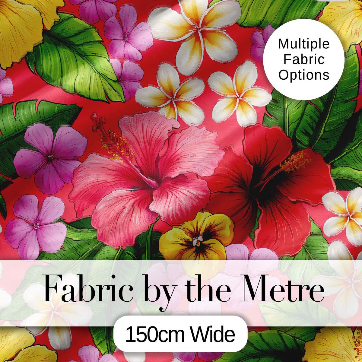 Tropical Hibiscus Flowers Red Background Plumeria Leaves Seamless Pattern Digital Print Fabric by the Metre UK Sewing Quilting Textile