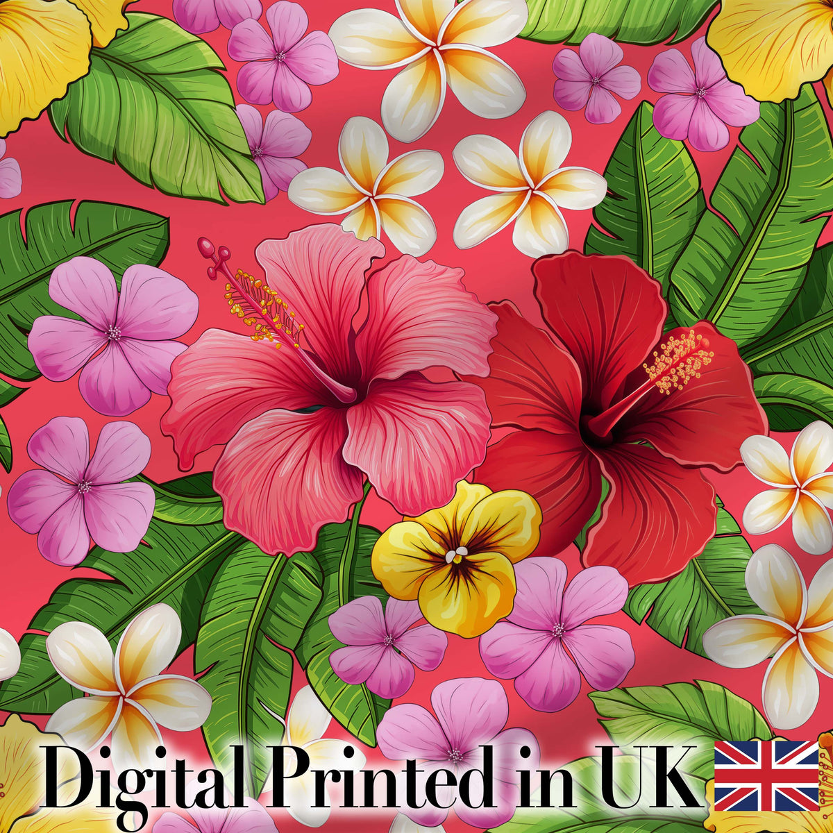 Tropical Hibiscus Flowers Red Background Plumeria Leaves Seamless Pattern Digital Print Fabric by the Metre UK Sewing Quilting Textile