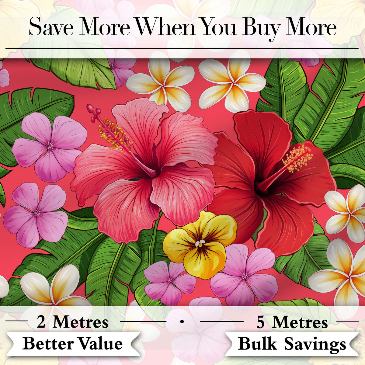 Tropical Hibiscus Flowers Red Background Plumeria Leaves Seamless Pattern Digital Print Fabric by the Metre UK Sewing Quilting Textile