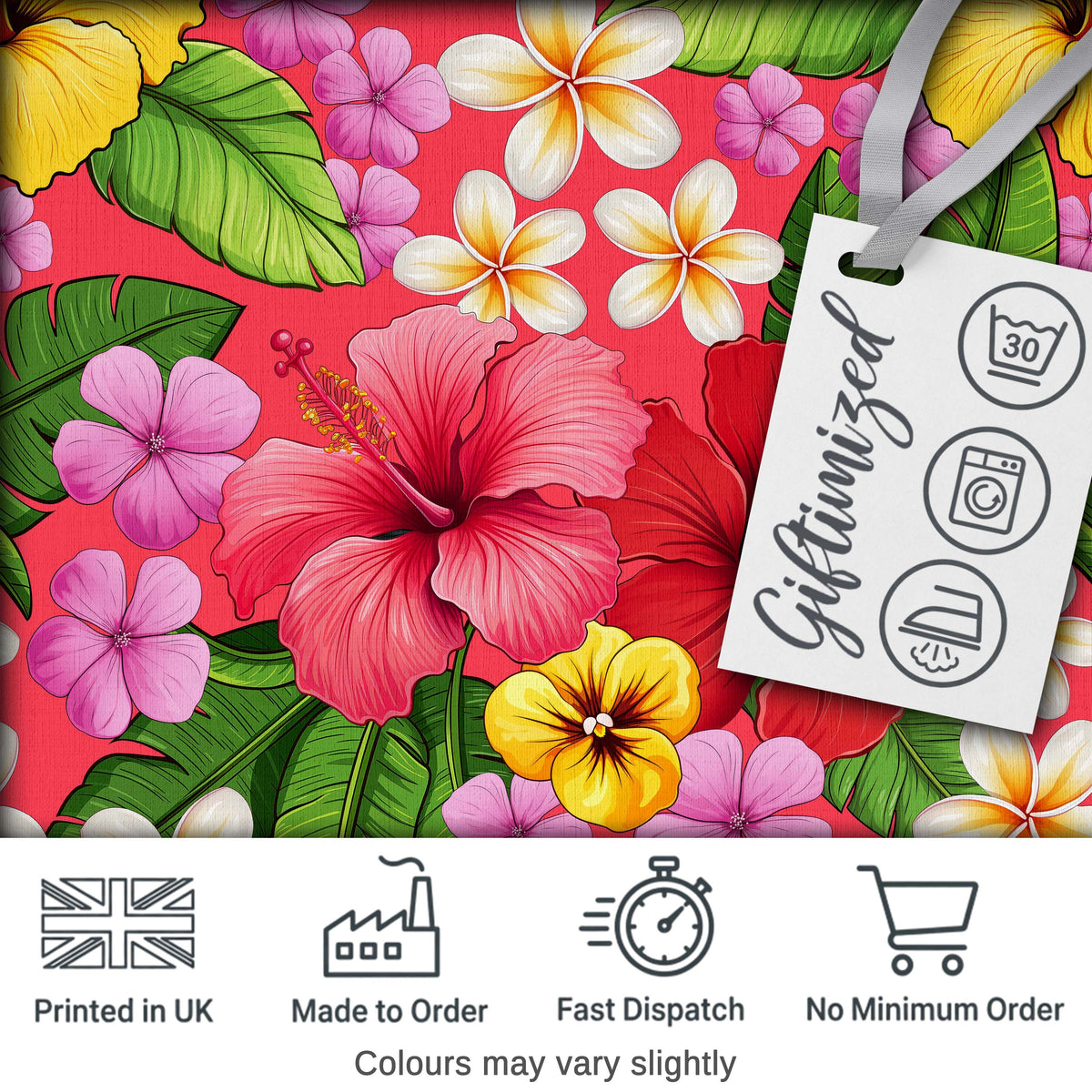 Tropical Hibiscus Flowers Red Background Plumeria Leaves Seamless Pattern Digital Print Fabric by the Metre UK Sewing Quilting Textile