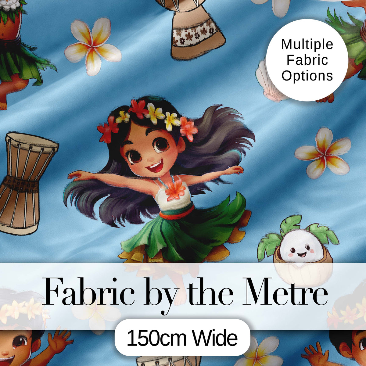 Cute Hula Girl Blue Background Tropical Flowers Coconut Seamless Pattern Digital Print Fabric by the Metre UK Sewing Quilting Textile