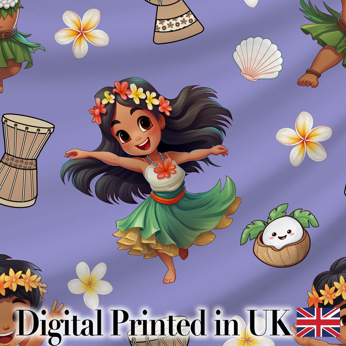 Cute Hula Girl Purple Background Tropical Flowers Coconut Seamless Pattern Digital Print Fabric by the Metre UK Sewing Quilting Textile