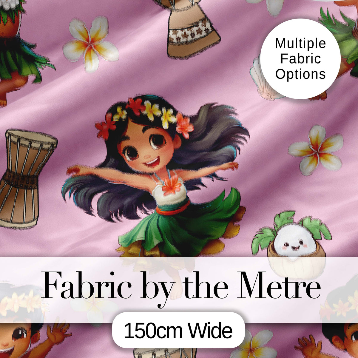 Cute Hula Girl Soft Pink Background Tropical Flowers Coconut Seamless Pattern Digital Print Fabric by the Metre UK Sewing Quilting Textile