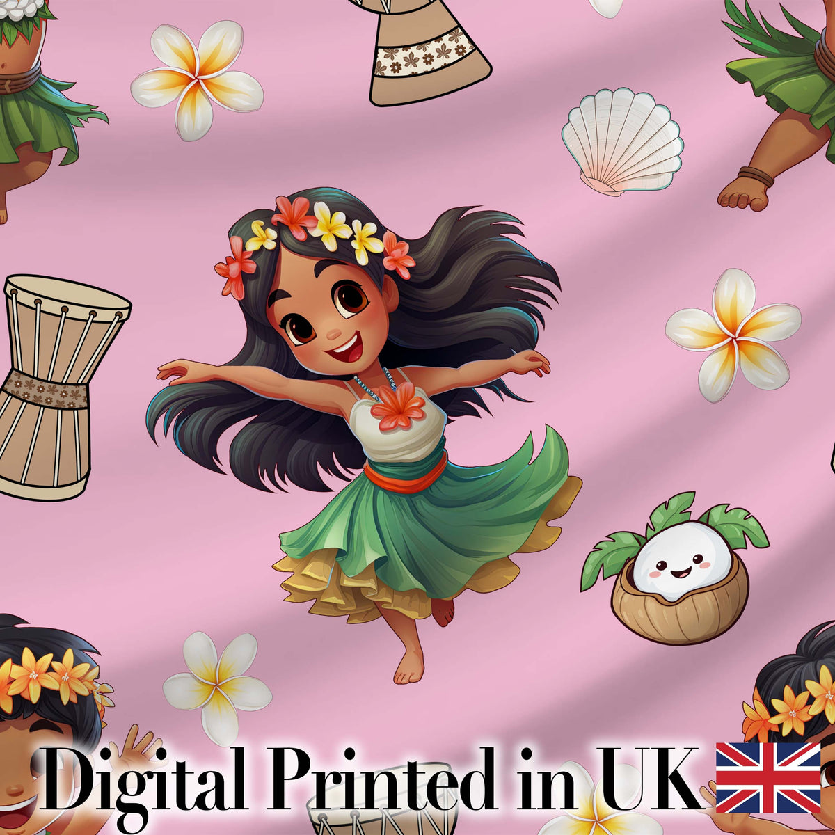 Cute Hula Girl Soft Pink Background Tropical Flowers Coconut Seamless Pattern Digital Print Fabric by the Metre UK Sewing Quilting Textile