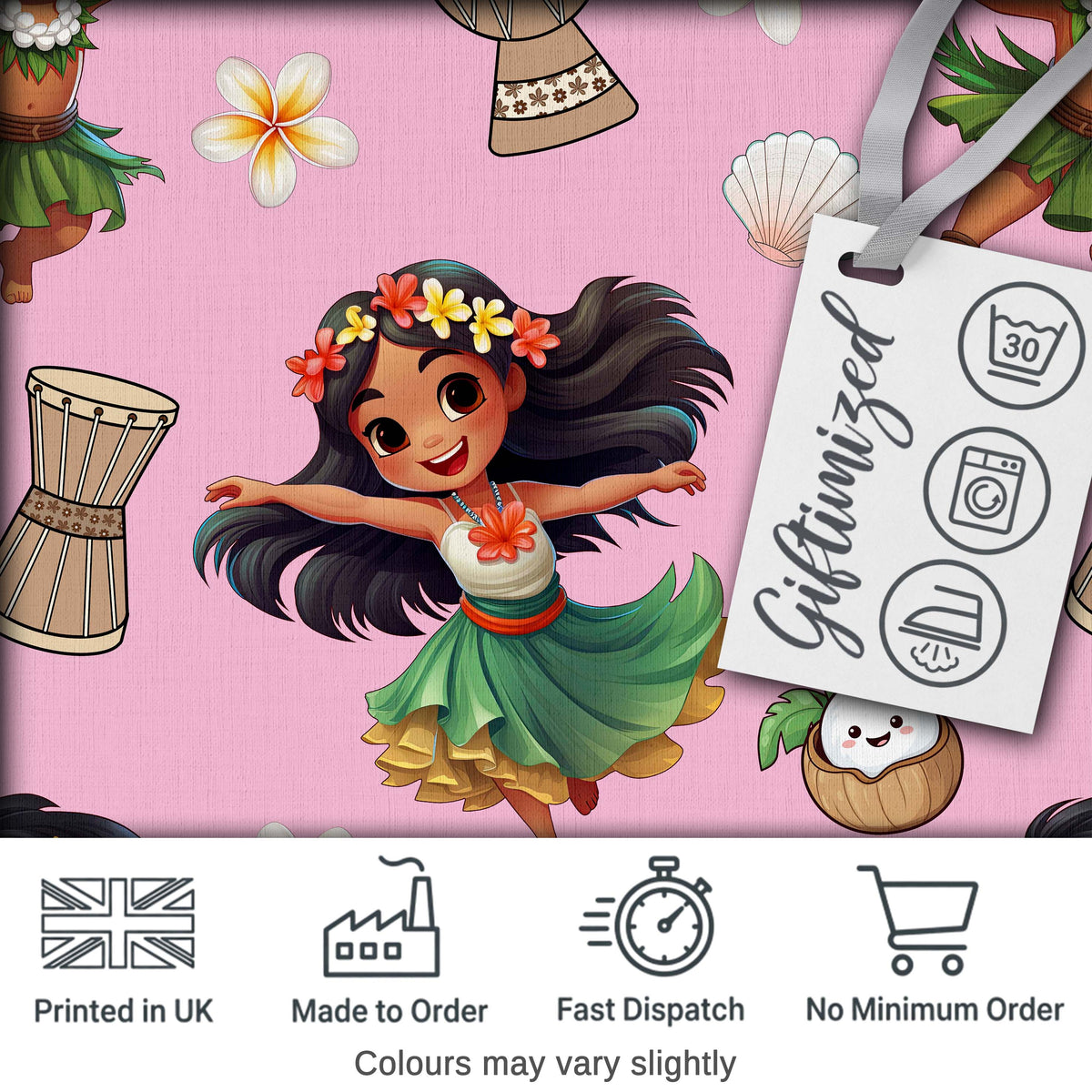 Cute Hula Girl Soft Pink Background Tropical Flowers Coconut Seamless Pattern Digital Print Fabric by the Metre UK Sewing Quilting Textile