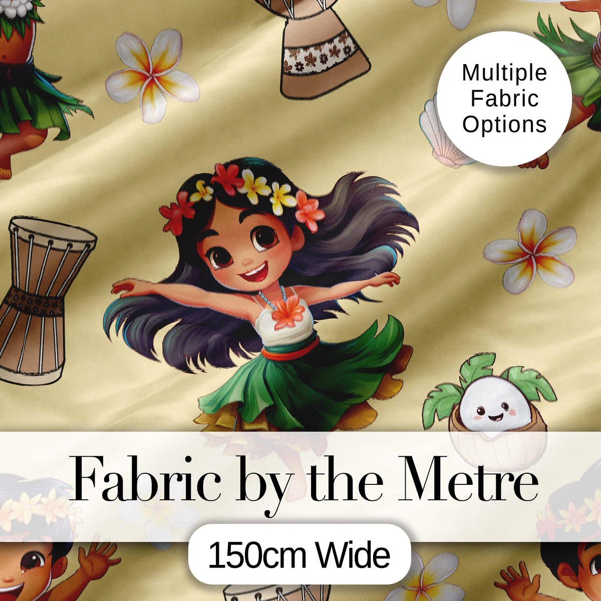Cute Hula Girl Yellow Background Tropical Flowers Coconut Seamless Pattern Digital Print Fabric by the Metre UK Sewing Quilting Textile