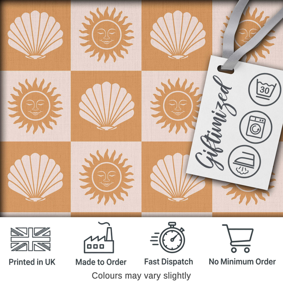 Boho Sun And Shells Checkerboard Beige Seamless Pattern Digital Print Fabric by the Metre UK Sewing Quilting Textile
