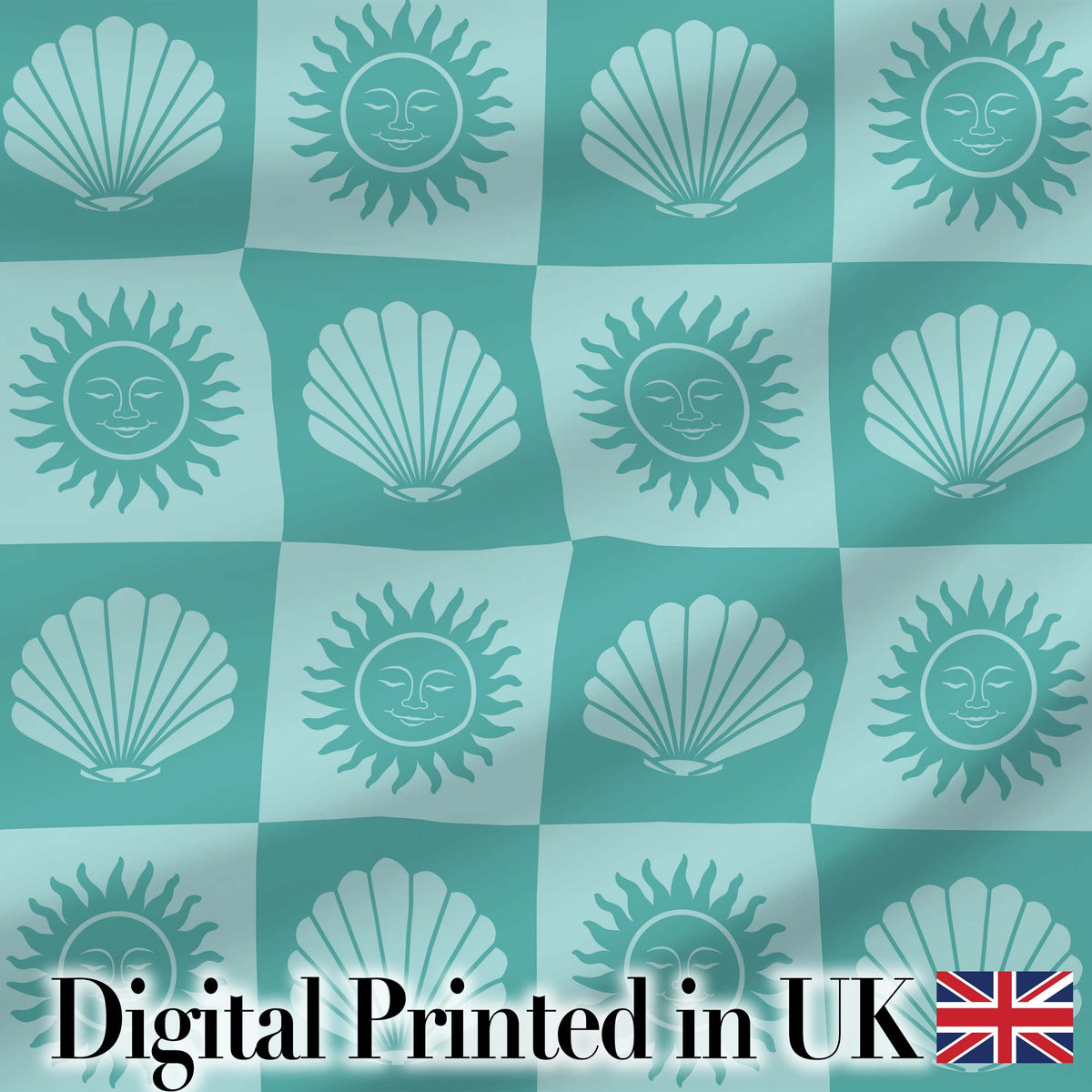 Boho Sun And Shells Checkerboard Teal Seamless Pattern Digital Print Fabric by the Metre UK Sewing Quilting Textile