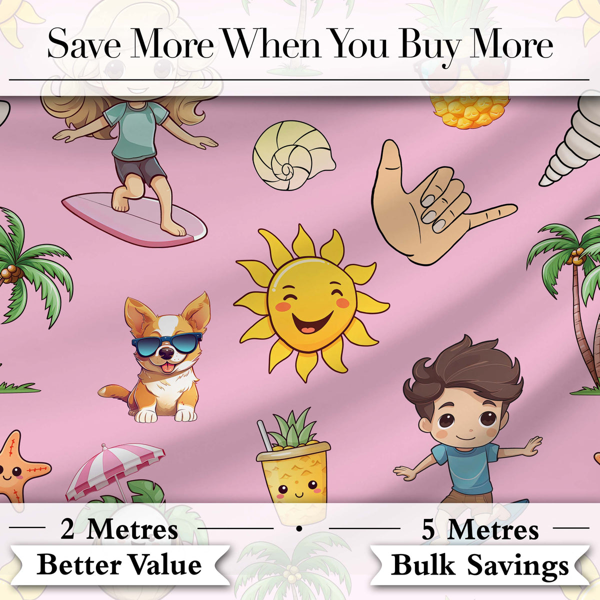 Cute Summer Beach Kids Surfing Sun Pineapple Dog Pink Seamless Pattern Digital Print Fabric by the Metre UK Sewing Quilting Textile