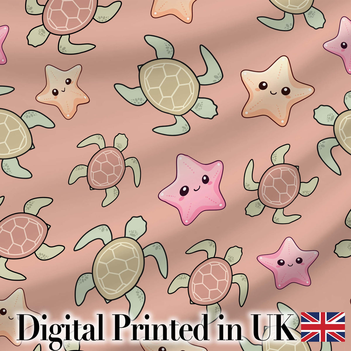 Cute Sea Turtles And Starfish Kawaii Peach Seamless Pattern Digital Print Fabric by the Metre UK Sewing Quilting Textile