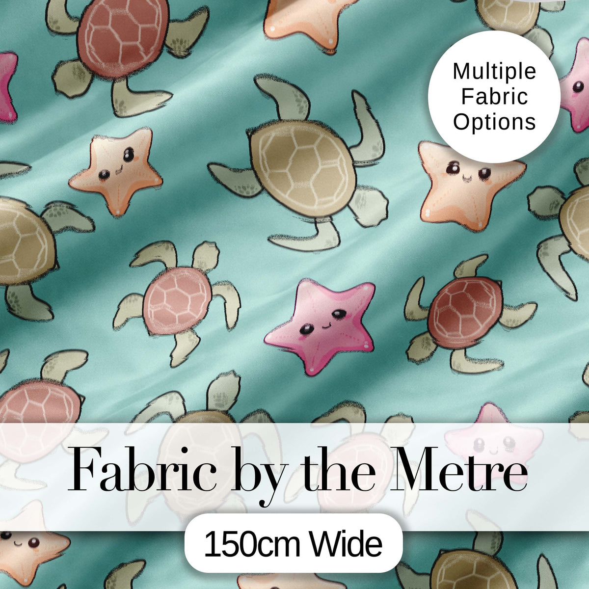 Cute Sea Turtles And Starfish Kawaii Teal Seamless Pattern Digital Print Fabric by the Metre UK Sewing Quilting Textile