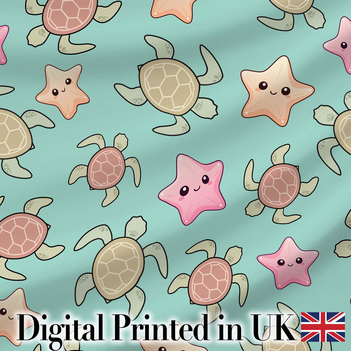 Cute Sea Turtles And Starfish Kawaii Teal Seamless Pattern Digital Print Fabric by the Metre UK Sewing Quilting Textile