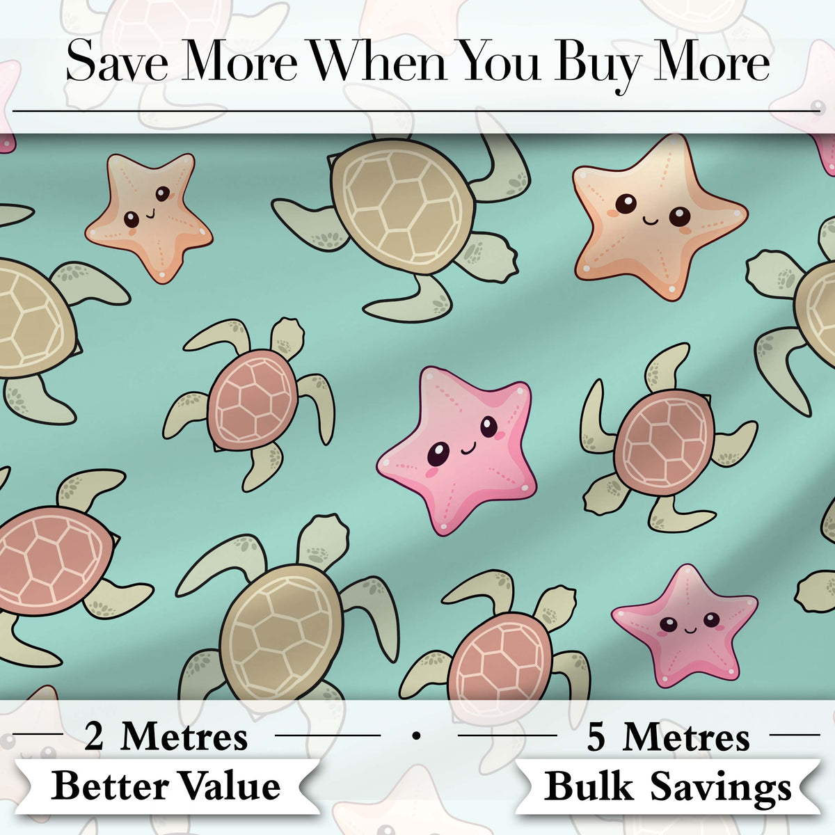 Cute Sea Turtles And Starfish Kawaii Teal Seamless Pattern Digital Print Fabric by the Metre UK Sewing Quilting Textile