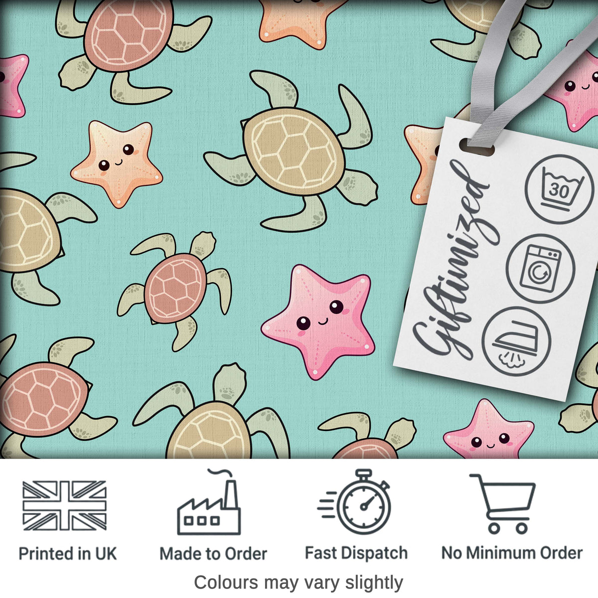 Cute Sea Turtles And Starfish Kawaii Teal Seamless Pattern Digital Print Fabric by the Metre UK Sewing Quilting Textile