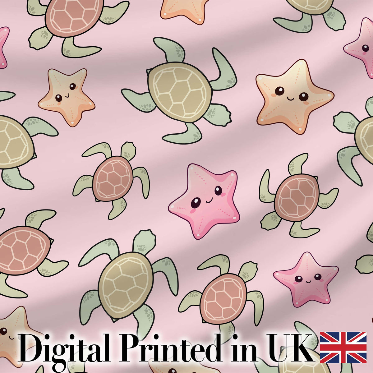 Cute Sea Turtles And Starfish Kawaii Pink Ocean Seamless Pattern Digital Print Fabric by the Metre UK Sewing Quilting Textile