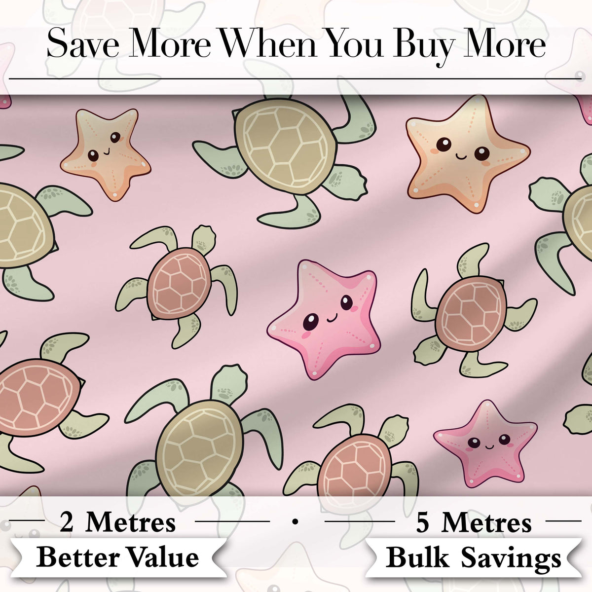 Cute Sea Turtles And Starfish Kawaii Pink Ocean Seamless Pattern Digital Print Fabric by the Metre UK Sewing Quilting Textile
