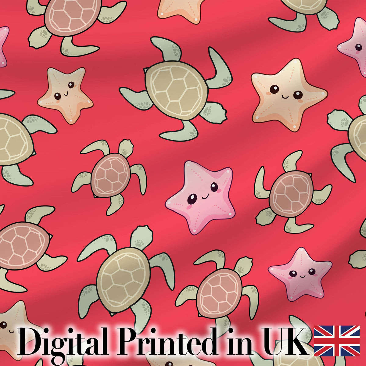 Cute Sea Turtles And Starfish Kawaii Red Ocean Seamless Pattern Digital Print Fabric by the Metre UK Sewing Quilting Textile