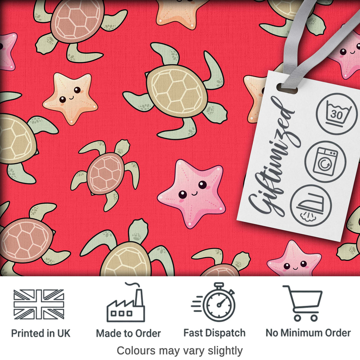 Cute Sea Turtles And Starfish Kawaii Red Ocean Seamless Pattern Digital Print Fabric by the Metre UK Sewing Quilting Textile