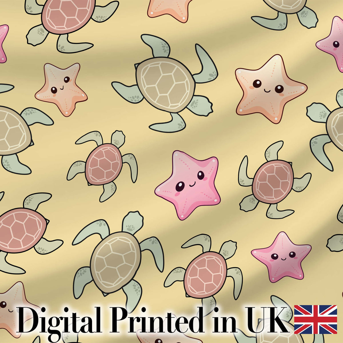 Cute Sea Turtles And Starfish Kawaii Yellow Ocean Seamless Pattern Digital Print Fabric by the Metre UK Sewing Quilting Textile