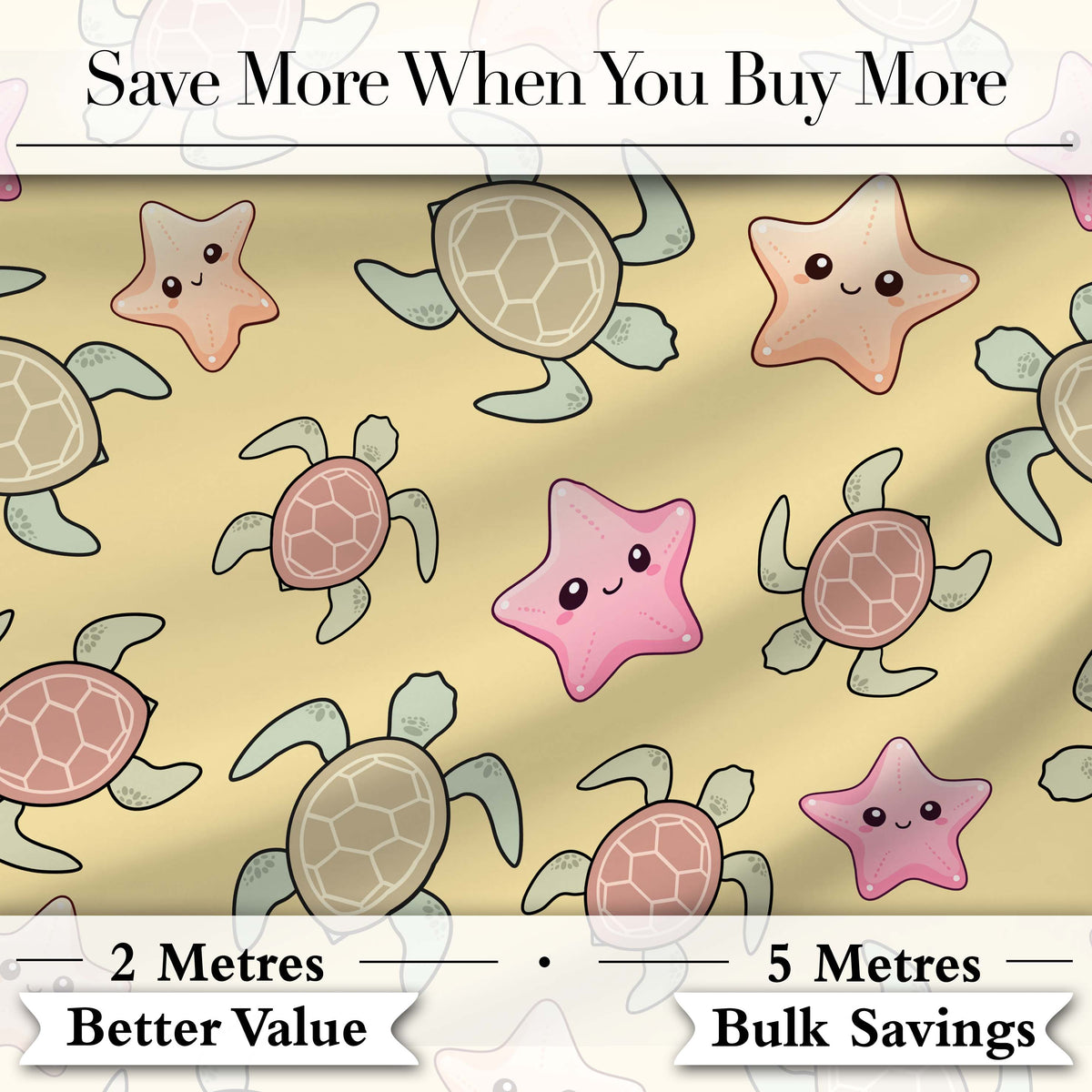 Cute Sea Turtles And Starfish Kawaii Yellow Ocean Seamless Pattern Digital Print Fabric by the Metre UK Sewing Quilting Textile