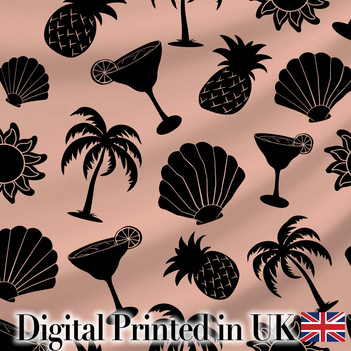 Tropical Beach Pineapple Cocktail Shell Palm Peach Seamless Pattern Digital Print Fabric by the Metre UK Sewing Quilting Textile