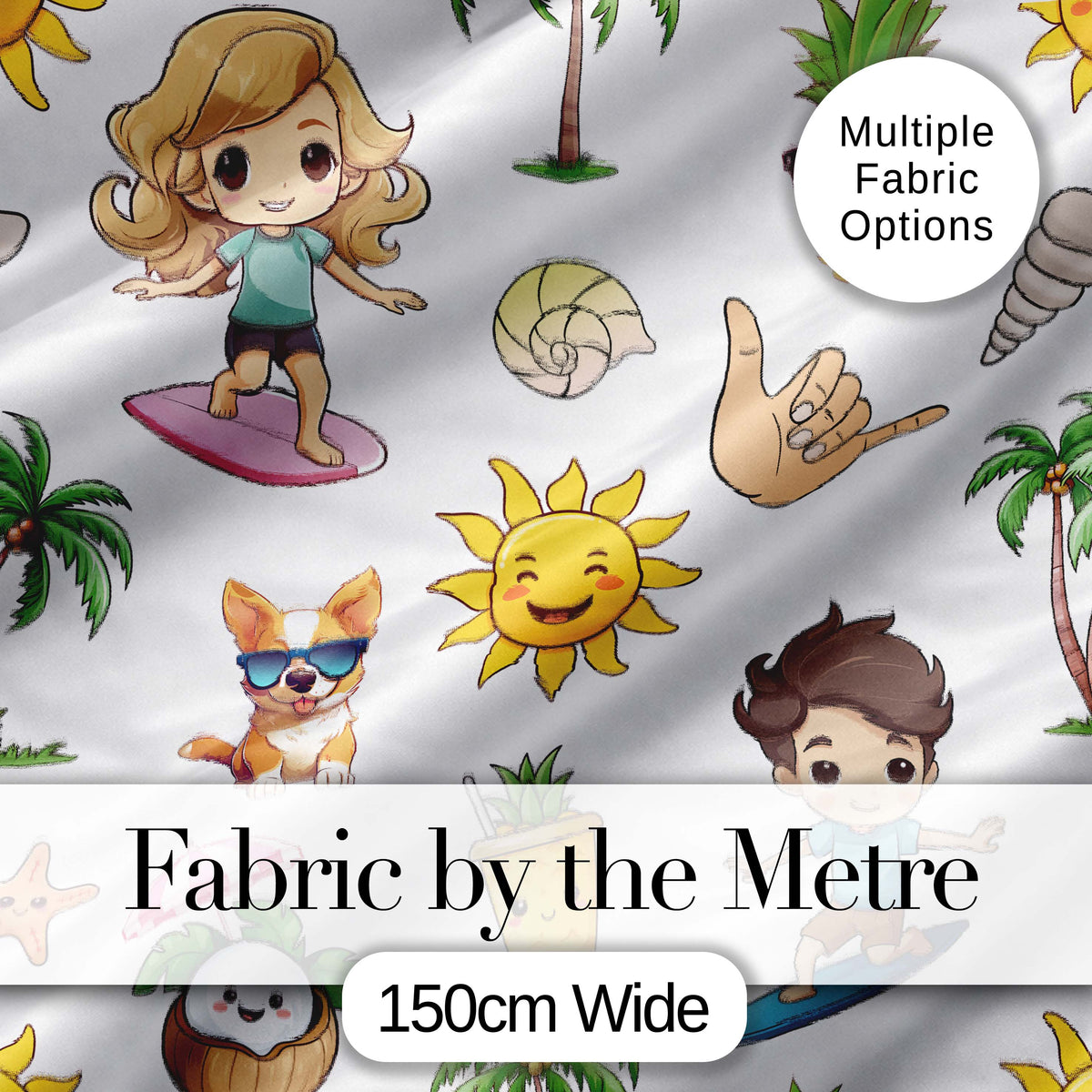 Cute Summer Beach Kids Fun Tropical Seamless Pattern Digital Print Fabric by the Metre UK Sewing Quilting Textile
