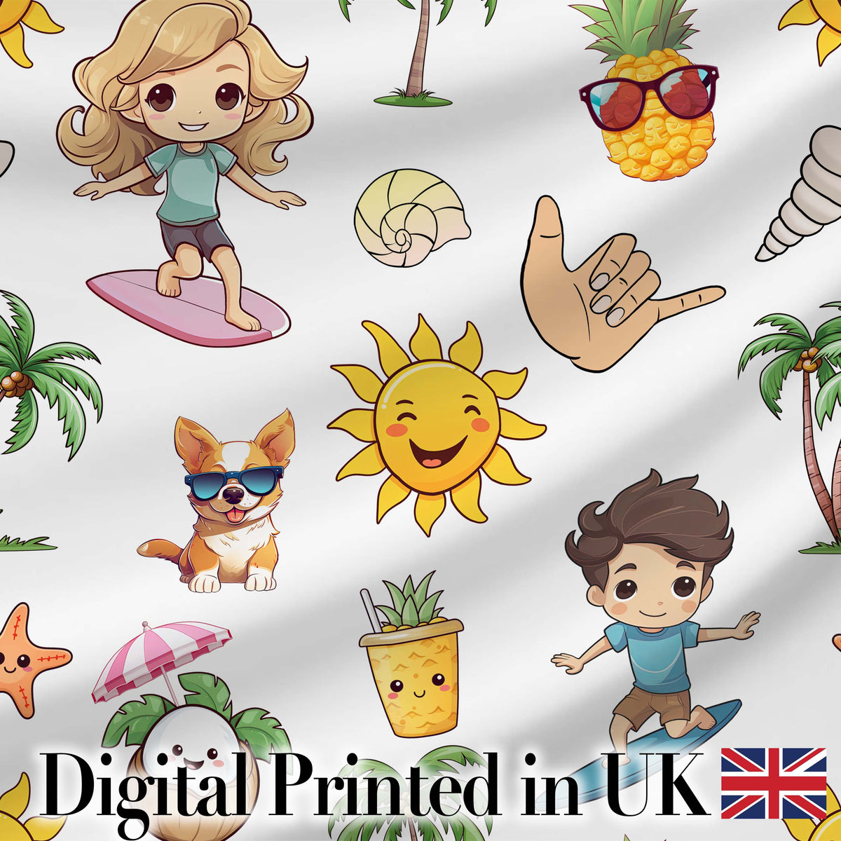 Cute Summer Beach Kids Fun Tropical Seamless Pattern Digital Print Fabric by the Metre UK Sewing Quilting Textile