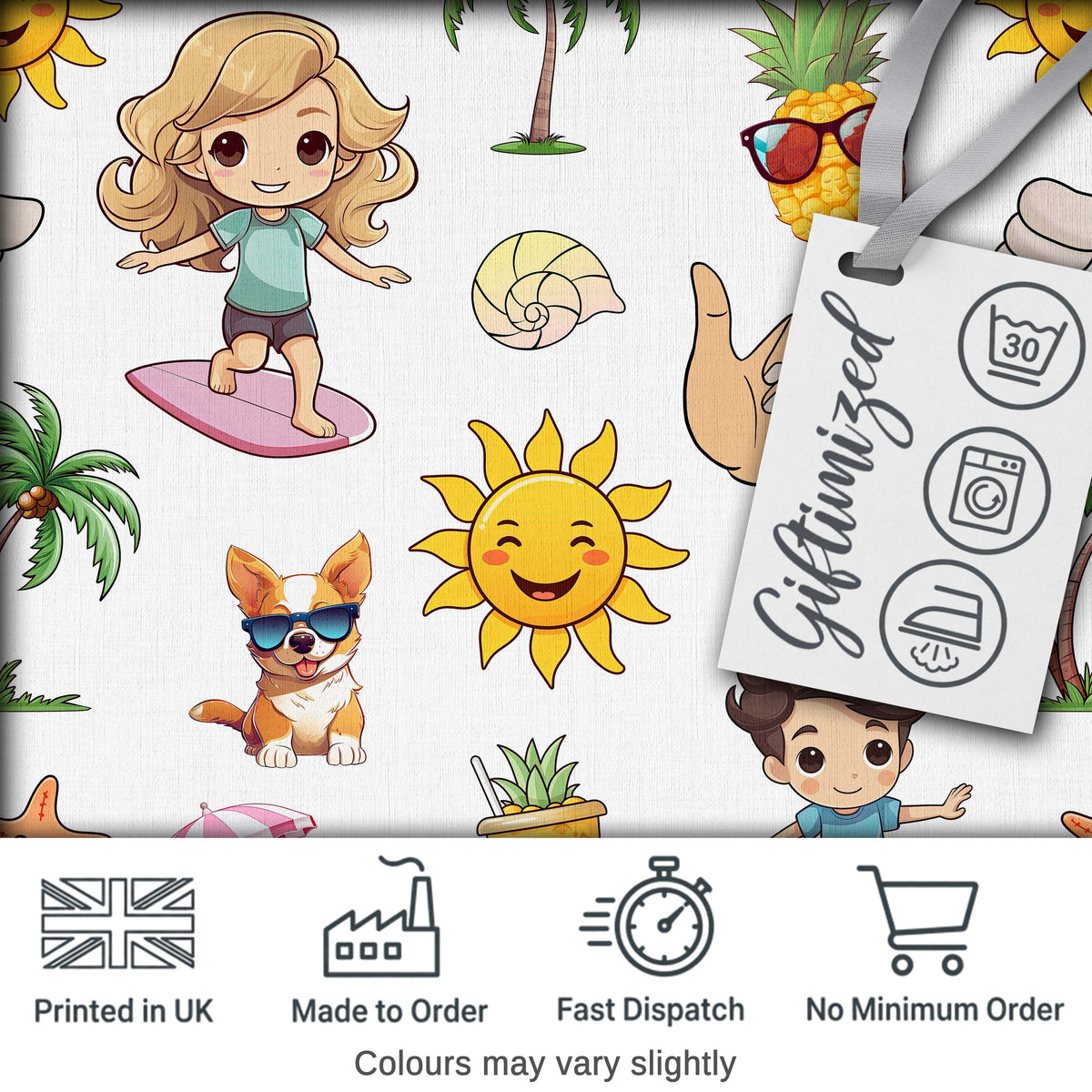 Cute Summer Beach Kids Fun Tropical Seamless Pattern Digital Print Fabric by the Metre UK Sewing Quilting Textile