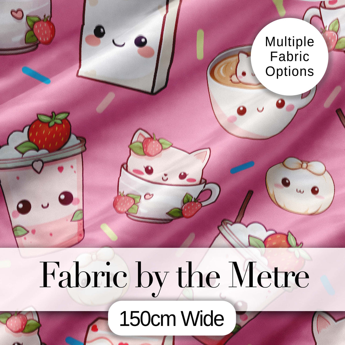 Cute Strawberry Cat Coffee Cups Bright Pink Kawaii Seamless Pattern Digital Print Fabric by the Metre UK Sewing Quilting Textile