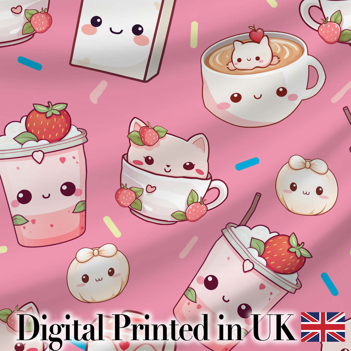 Cute Strawberry Cat Coffee Cups Bright Pink Kawaii Seamless Pattern Digital Print Fabric by the Metre UK Sewing Quilting Textile
