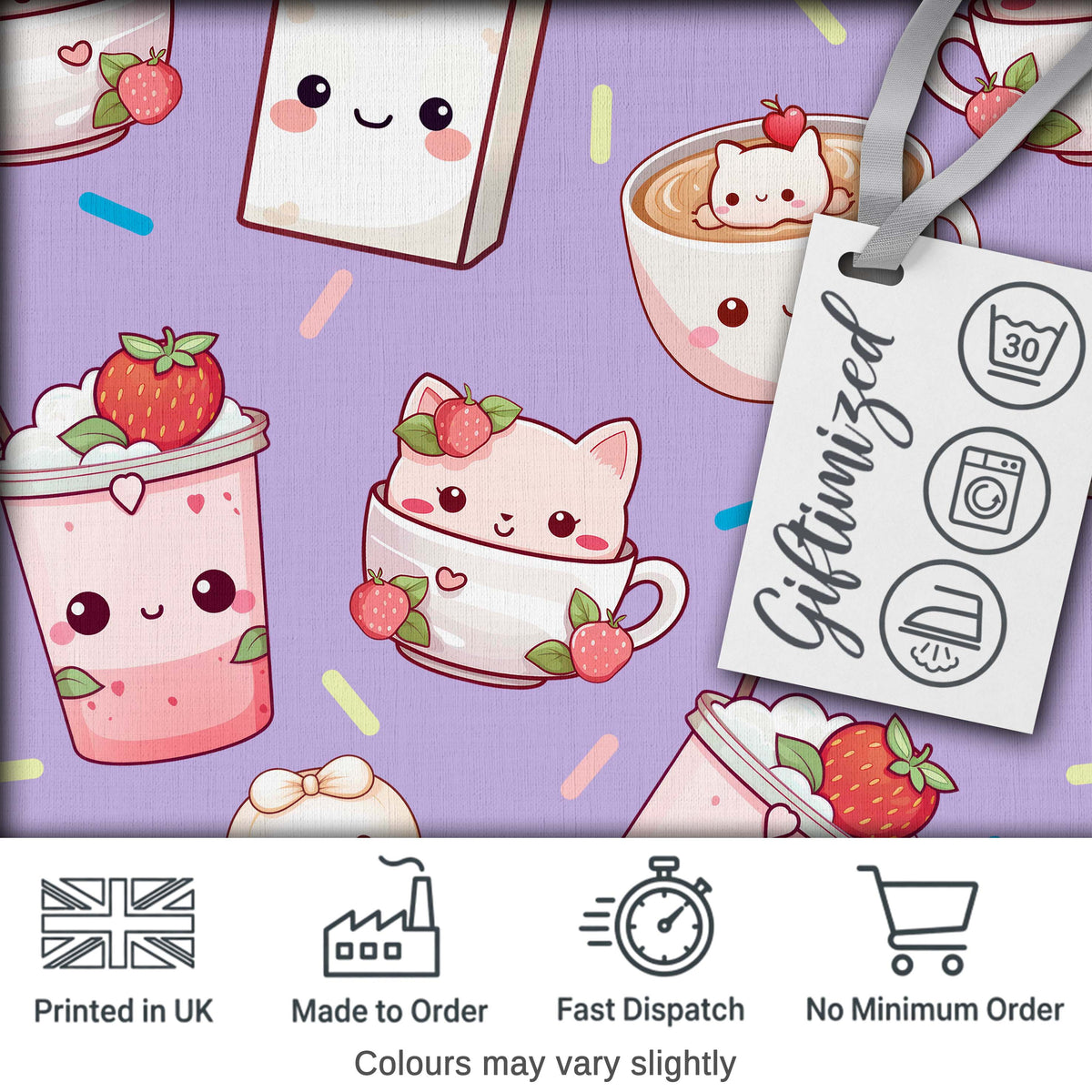 Cute Strawberry Cat Coffee Cups Purple Kawaii Seamless Pattern Digital Print Fabric by the Metre UK Sewing Quilting Textile