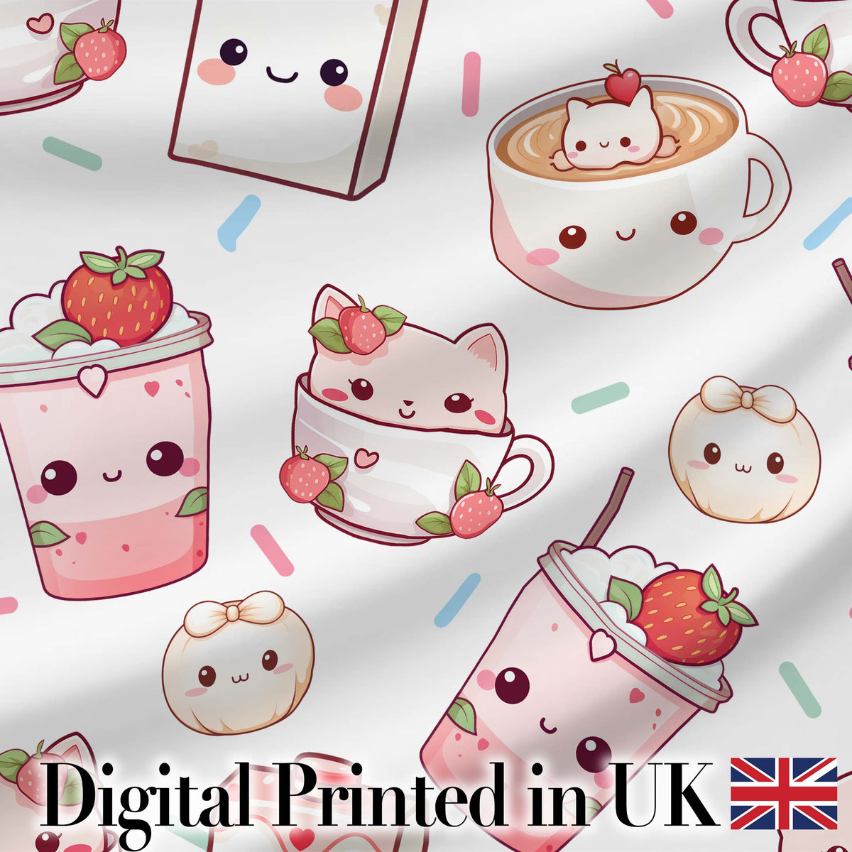Cute Strawberry Cat Coffee Cups White Kawaii Seamless Pattern Digital Print Fabric by the Metre UK Sewing Quilting Textile