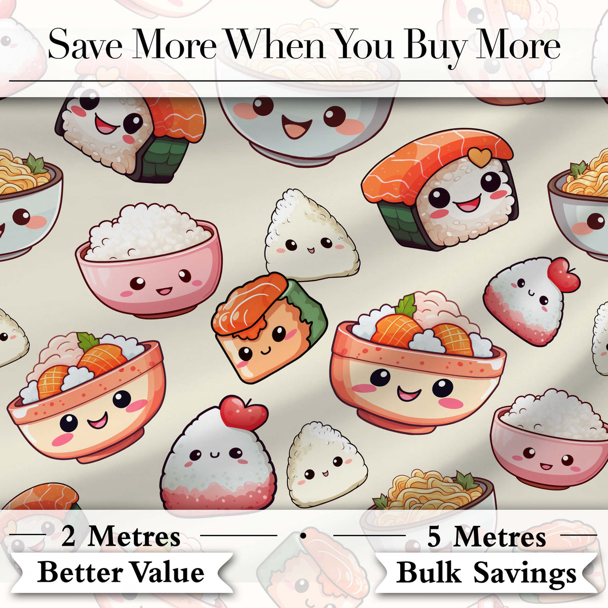 Cute Kawaii Sushi Rice Noodles Bowl Food Seamless Pattern Digital Print Fabric by the Metre UK Sewing Quilting Textile