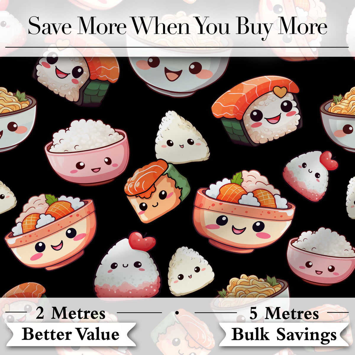 Cute Kawaii Sushi Rice Noodles Bowl Food Black Seamless Pattern Digital Print Fabric by the Metre UK Sewing Quilting Textile