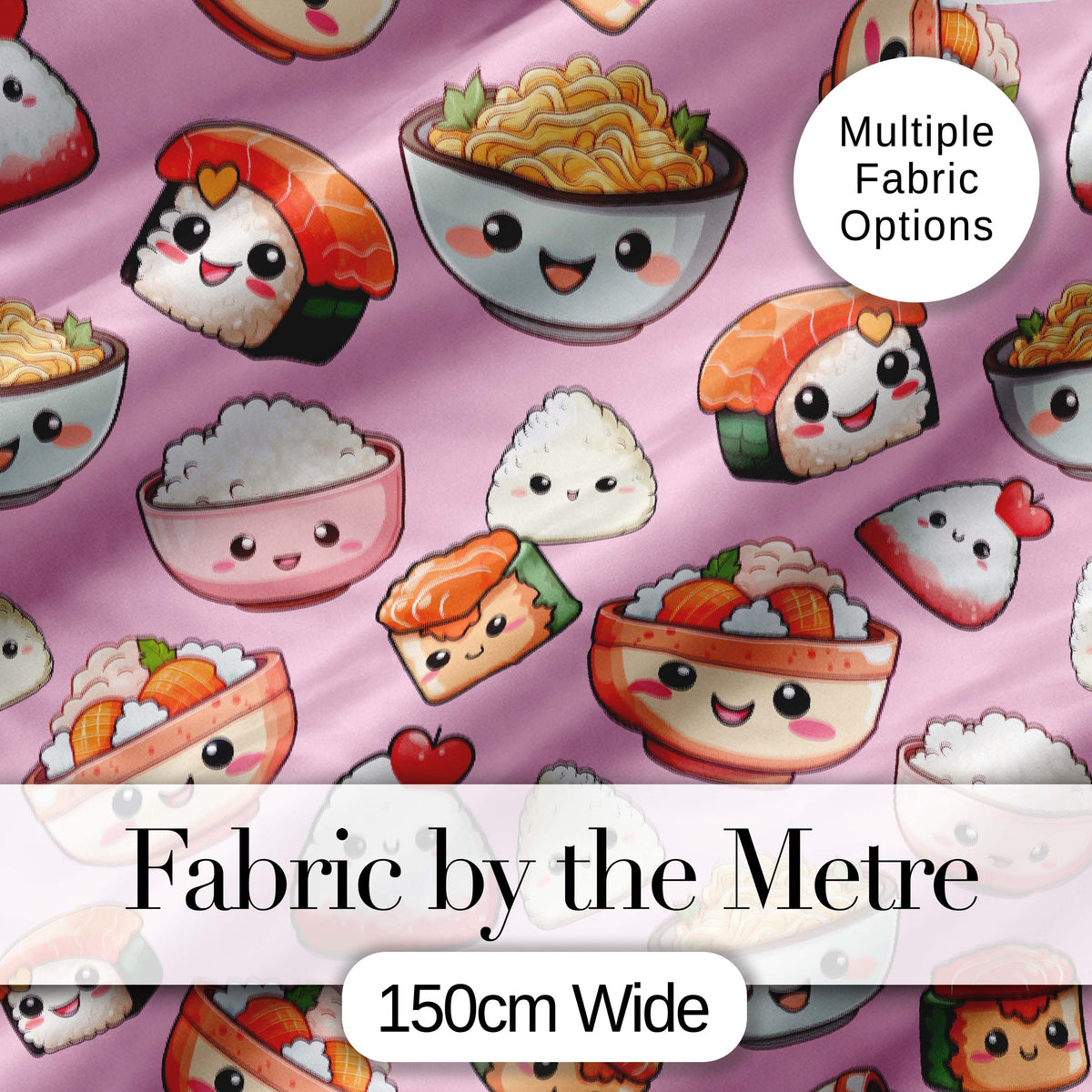 Kawaii Sushi Rice Bowls and Noodles Characters Pink Seamless Pattern Digital Print Fabric by the Metre UK Sewing Quilting Textile