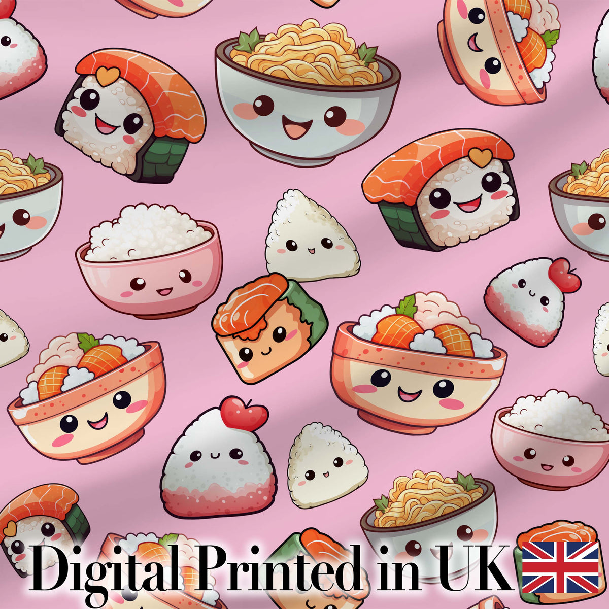 Kawaii Sushi Rice Bowls and Noodles Characters Pink Seamless Pattern Digital Print Fabric by the Metre UK Sewing Quilting Textile