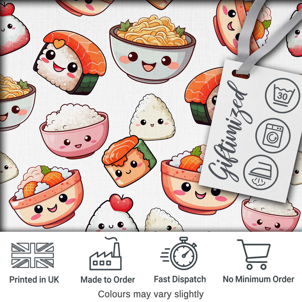 Kawaii Sushi Rice Bowls and Noodles Characters White Seamless Pattern Digital Print Fabric by the Metre UK Sewing Quilting Textile