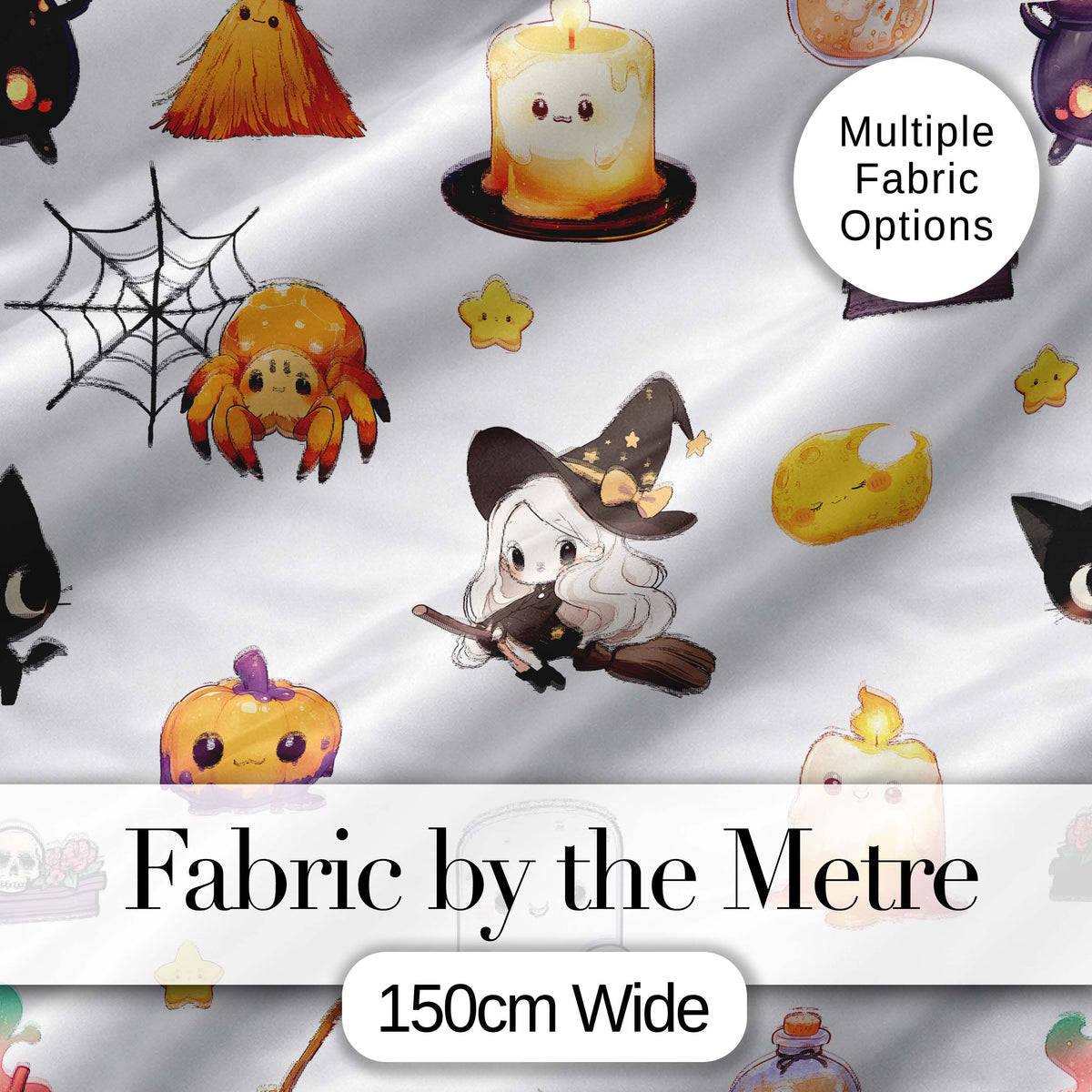 Cute Halloween Witch Pumpkin Candle and Spider Kawaii Seamless Pattern Digital Print Fabric by the Metre UK Sewing Quilting Textile