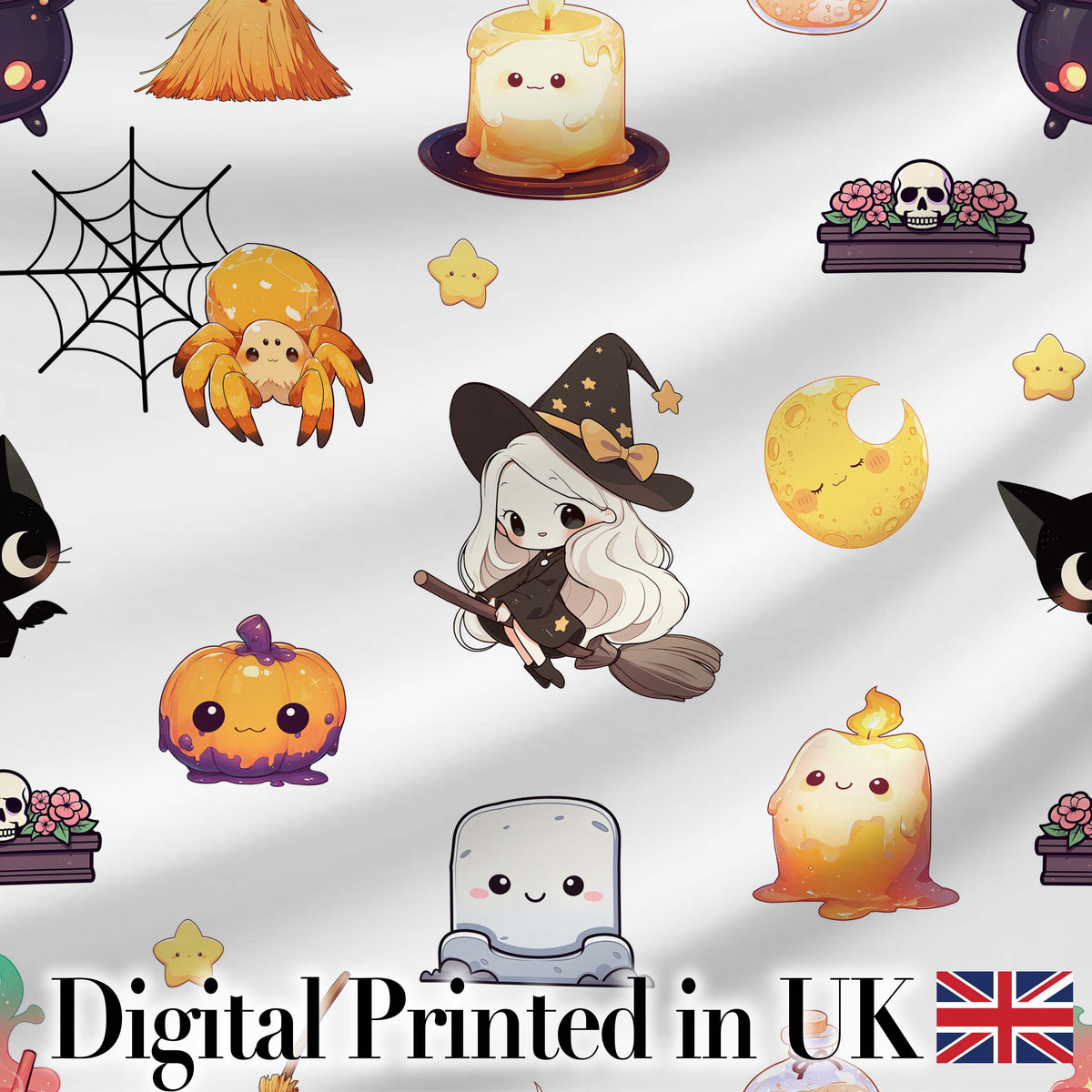 Cute Halloween Witch Pumpkin Candle and Spider Kawaii Seamless Pattern Digital Print Fabric by the Metre UK Sewing Quilting Textile