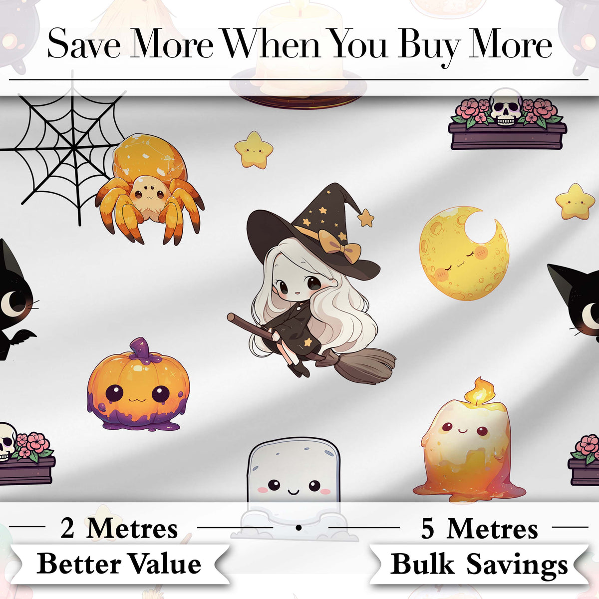 Cute Halloween Witch Pumpkin Candle and Spider Kawaii Seamless Pattern Digital Print Fabric by the Metre UK Sewing Quilting Textile