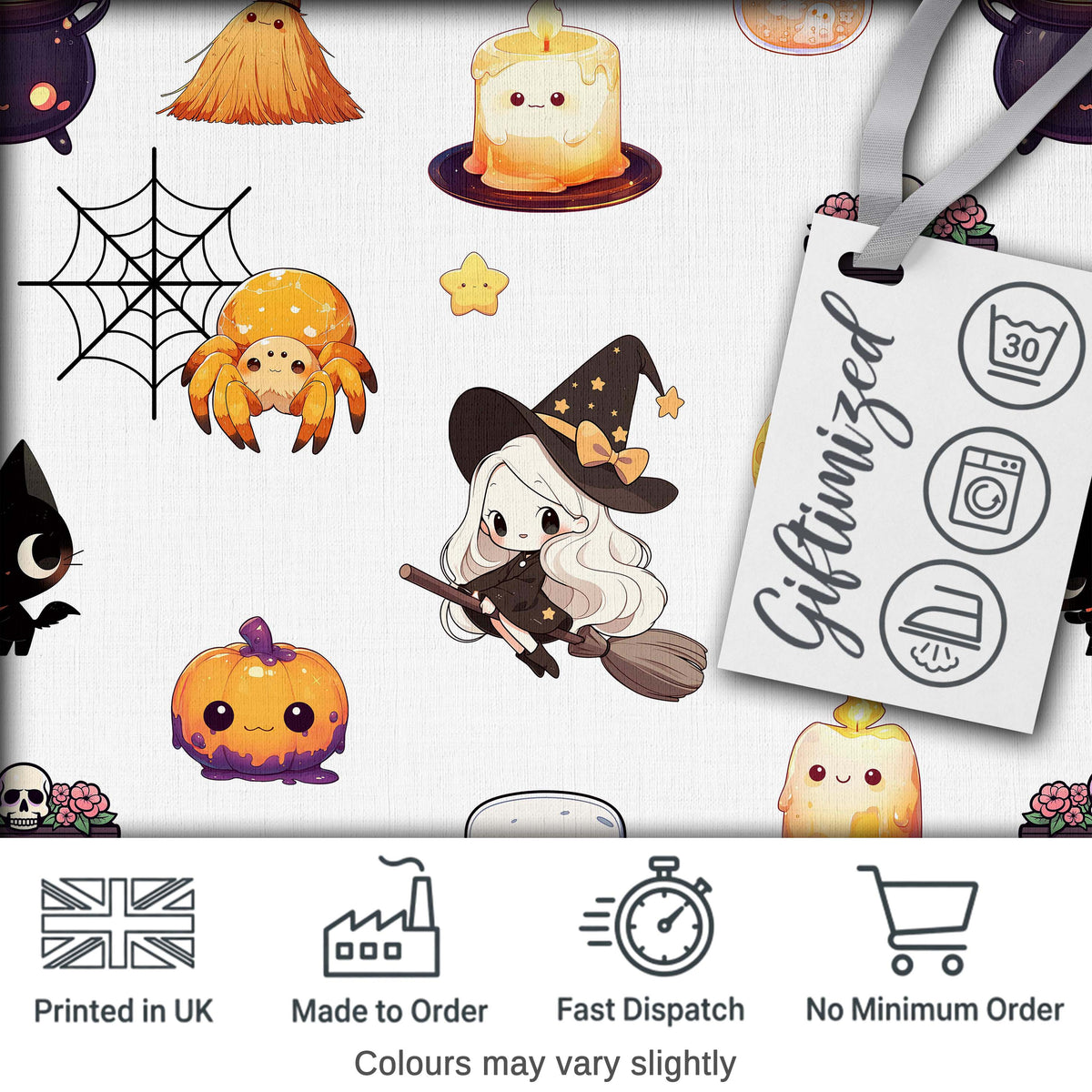 Cute Halloween Witch Pumpkin Candle and Spider Kawaii Seamless Pattern Digital Print Fabric by the Metre UK Sewing Quilting Textile