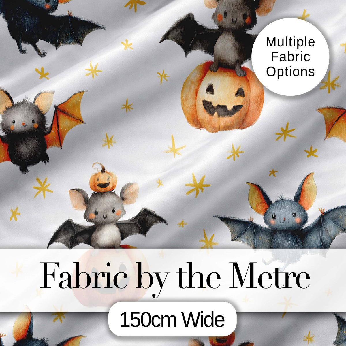 Cute Watercolor Halloween Bats and Pumpkins with Stars Seamless Pattern Digital Print Fabric by the Metre UK Sewing Quilting Textile