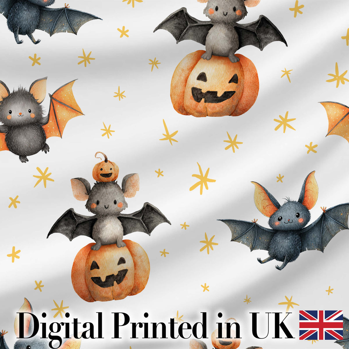 Cute Watercolor Halloween Bats and Pumpkins with Stars Seamless Pattern Digital Print Fabric by the Metre UK Sewing Quilting Textile