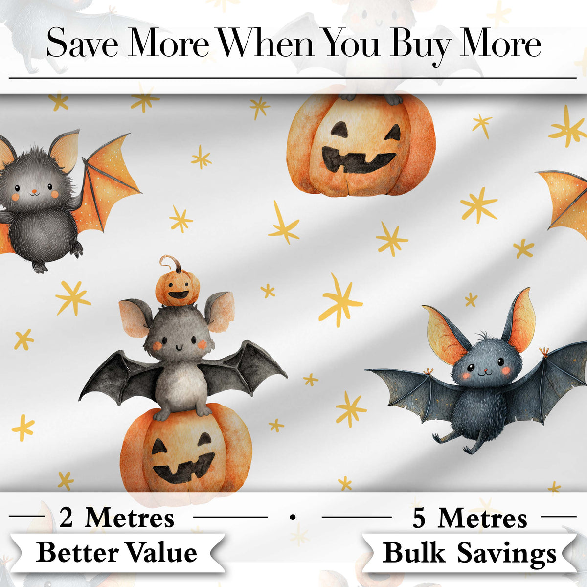Cute Watercolor Halloween Bats and Pumpkins with Stars Seamless Pattern Digital Print Fabric by the Metre UK Sewing Quilting Textile