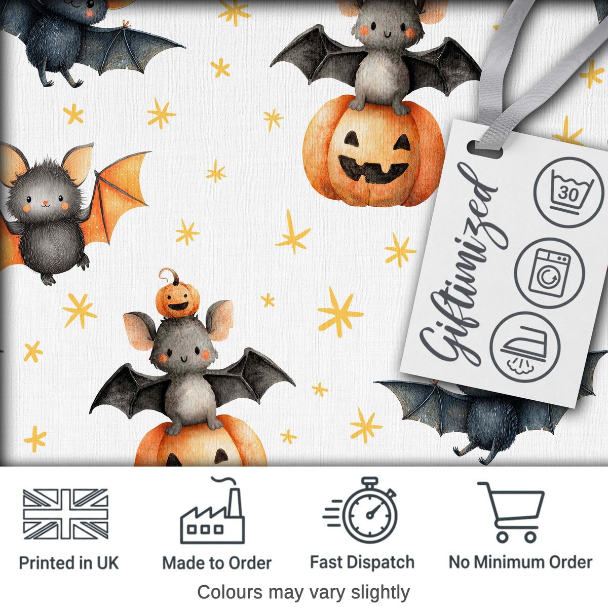 Cute Watercolor Halloween Bats and Pumpkins with Stars Seamless Pattern Digital Print Fabric by the Metre UK Sewing Quilting Textile