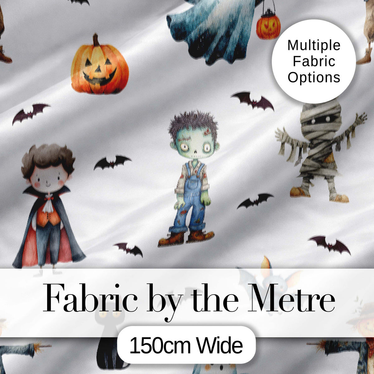 Cute Halloween Zombie Mummy Vampire and Bats Seamless Pattern Digital Print Fabric by the Metre UK Sewing Quilting Textile