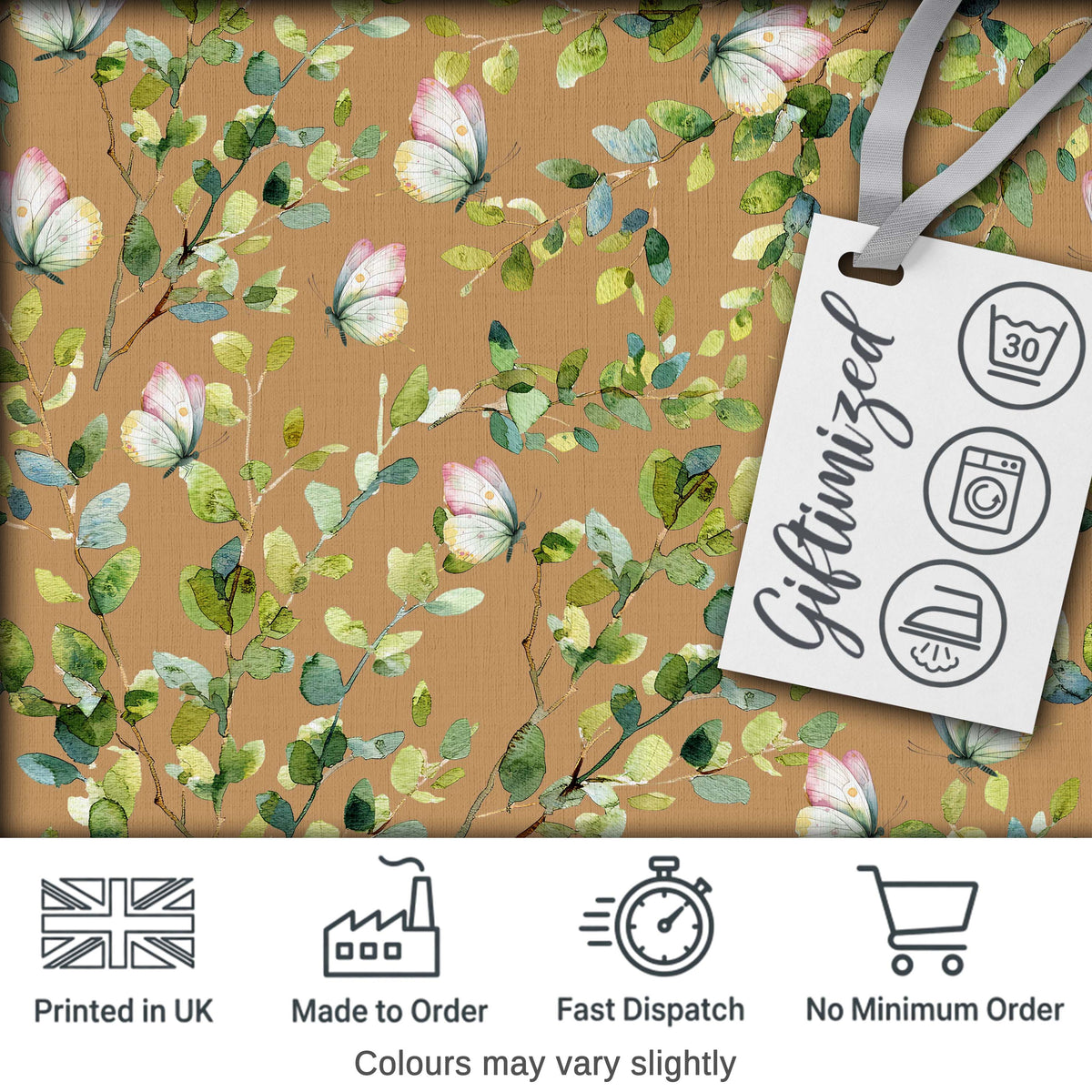 Elegant Watercolor Butterflies and Green Leaves on Warm Tan Seamless Pattern Digital Print Fabric by the Metre UK Sewing Quilting Textile